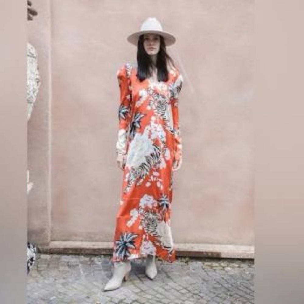 Las Sureñas Tiger Romantic silk maxi dress in Brick XS
